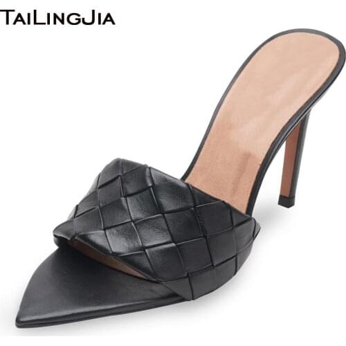 Black PU Leather Womens Stiletto High Heels Mules Sandals Ladies Big Size Pointed Toe Slippers Summer Shoes Stylish Slides