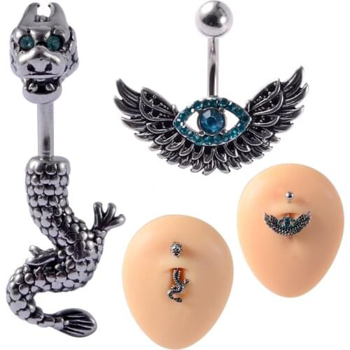 Stainless Steel Angel Wing Belly Button Ring Blue Eye navel belly Ring Steel Dragon Belly Piercing Jewelry 14G