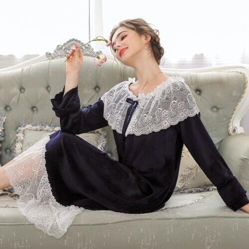 Nightgown Winter Thickened Double-sided Mink Velvet Warm Princess Sleep Dress Woman Sweet Court Lace Pajamas Home Dress H5555