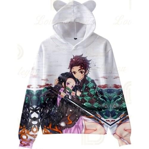 New Fashion Demon Slayer Cat Ear Hooded Hoodies Pullovers Sweatshirts Kids Cute Printed Long Sleeve Children Tops