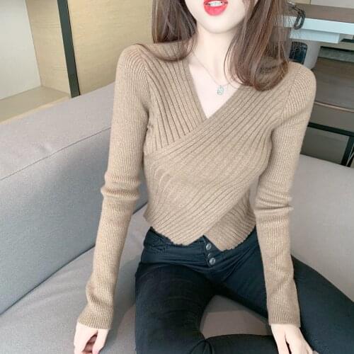 New Cross-shaped Short V-neck Regular Solid Color Long-sleeved Pullover Sweater Knitted Winter Office Short Tops Womens Clothes
