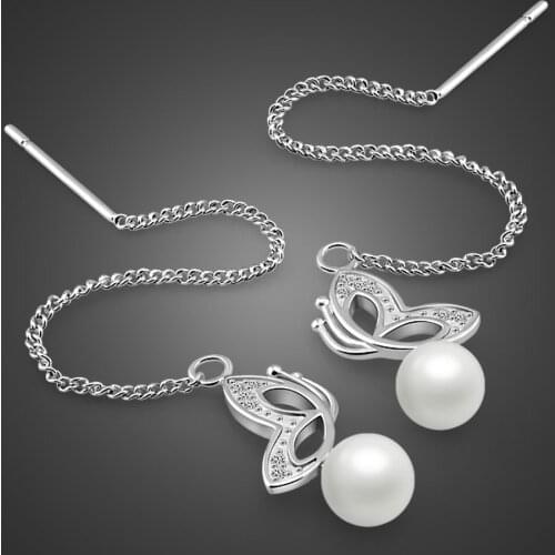 Fashion 100% 925 sterling silver Long Drop Tassel Dangle Pearl Earrings Women Butterfly flying Wedding Drop Earing Jewelry