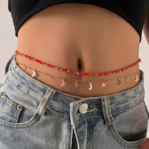 SHIXIN Sexy Body Chains Set for Women Bead Waist Chains Lanyard Moon/Star Pendant Thin Chains Waist Jewelry Belt Female Designer