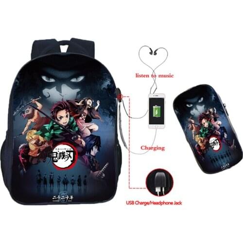 Anime Demon Slayer School Bag USB Backpack 2pcs Set Kimetsu No Yaiba Bookbag Laptop Kamado Tanjirou Nezuko Agatsuma Travel Bag