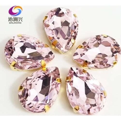 Golden bottom Pink DR shape High quality AAA Glass Crystal sew on claw rhinestones,Diy/Clothing accessories SWSG09