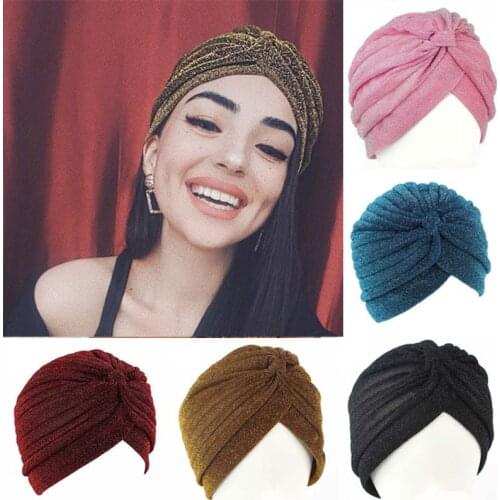India Women Glitter Silver Gold Knot Twist Turban Cap Autumn Winter Warm Headwear Casual Streetwear Female Indian Hats