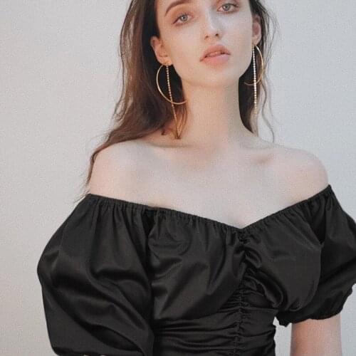 Fionto Bubble Short Sleeve V Collar Fold Draw Rope Bare Umbilical T-shirt Female