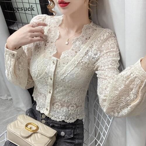 Fashion V-Neck Hollow Lace Crochet Women Shirts See-Through Sexy Solid Long Sleeve Blouse Tops Women Clothing Blusas Mujer 14187