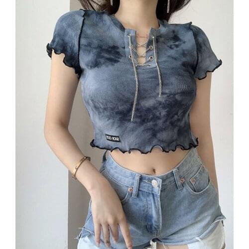 Summer Women T-shirt Tie Dyeing Short Sleeve V-neck Tops Casual Slim Tee Shirt 2021 Ladies Chain Print Short Tee Clothes