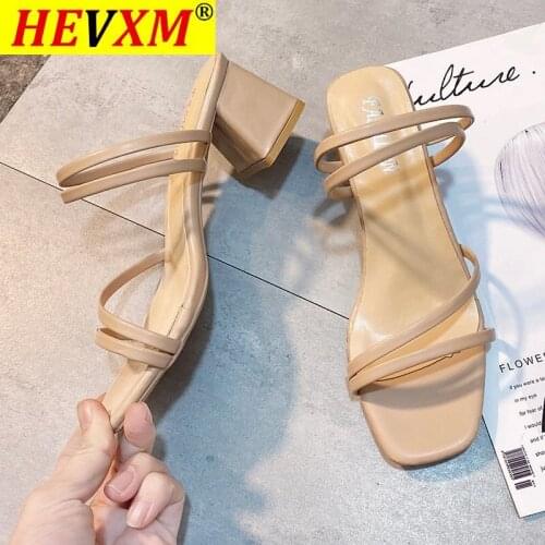 2020 New Summer Women Square Toe Sandals Ladies Pu Leather Womens Mid High Heels Slippers Female Fashion Woman Shoes