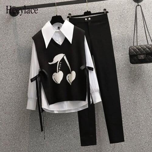 Plus Size Autumn Office Ladies Three Piece Set Women Polo Collar Long Sleeve Blouse+Knitted Vest+Black Legging Suits Korean Sets