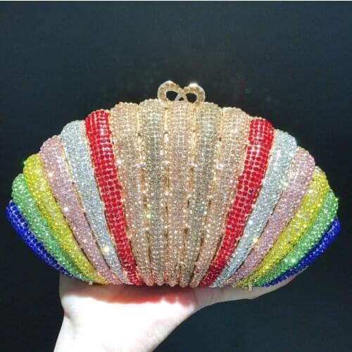 Rainbow Colors Diamond Women’s Phone Clutches Crystal Evening Party Purse Designer Ladies Rhinestone Shell Shape Chain Handbags