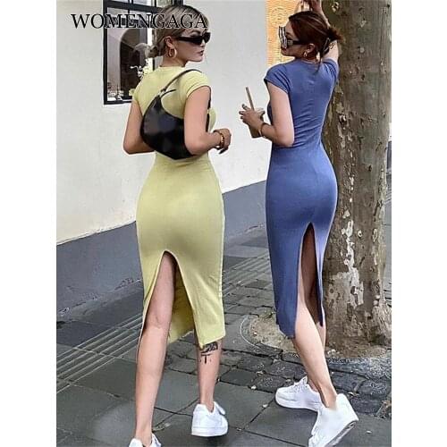 WOMENGAGA Womens Skinny Hip Maxi Long Dress Sexy Slim Spice Girl Split T Shirt O Neck Hot Sexy Korean Sweet Girl Female G8EO
