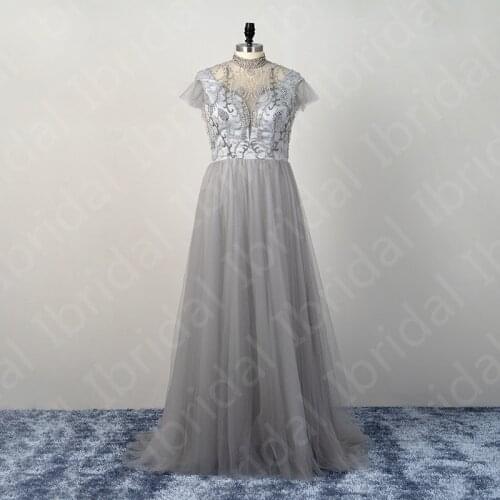 New Arrival Sexy Silver High Neck Mother of the Bride Dresses Cap Sleeves Beading Bodice Wedding Party Dresses Illusion Back