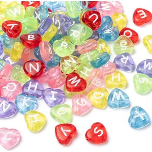 100pcs Colorful Transparent Acrylic Heart Letter Beads 10.5mm Flat Beads for DIY Jewelry Making Bulk Bracelet Wholesale