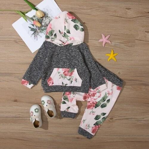 2Pcs Autumn Spring Girls Outfit Toddlers Clothes Color Block Flower Print Long Sleeve Hoodie Pocket Trousers Clothing