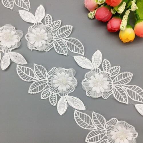 2 Yard Organza Flower Beads Lace Leaves Trim Embroidered Ribbon Rhinestones Applique Sewing Craft For Ball Gown Wedding Dress