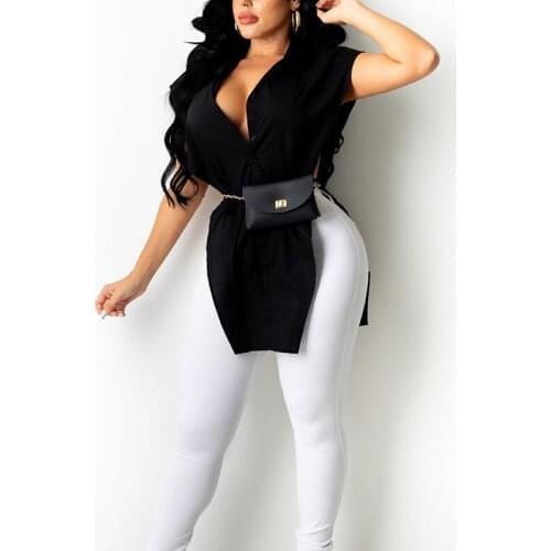 Summer Split Shirt Blouse Women Sexy Solid Color Turn-down Collar Cap Sleeve Long Tops Sexy Tops Fashion Female Clothes New