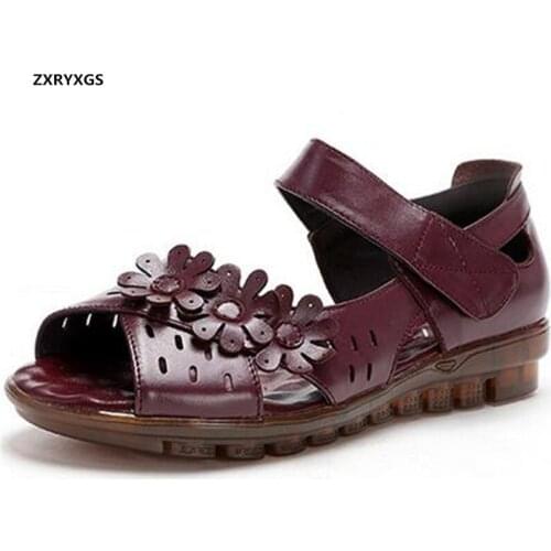 Promotion 2020 New Cowhide Flowers Summer Shoes Mother Fashion Sandals Flat Non-slip Soft Comfortable Sandals Women Sandal Shoes