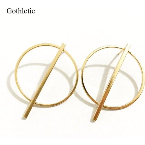 Gothletic Brand Brass Metal Open Circle & Bar Stud Earrings Geometric Statement Earrings for Women Brincos Fashion Jewelry