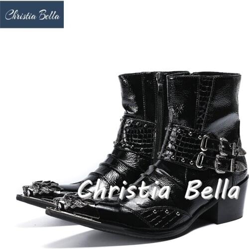 Christia Bella Autumn Buckle Strap Men Shoes Genuine Leather Boots Fashion Metal Pointed Toe Boots Big Size Zipper Ankle Boots