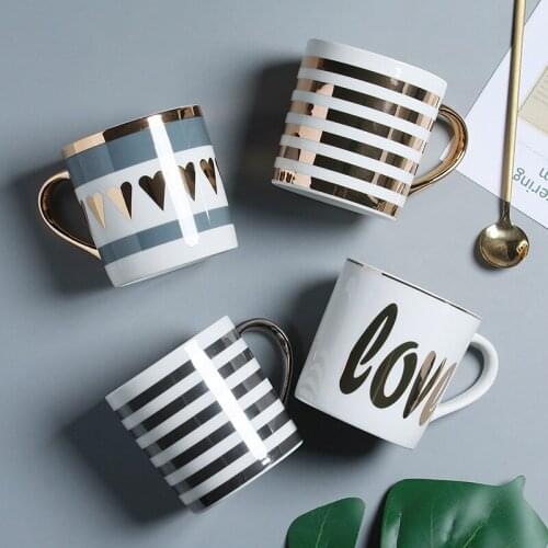 Nordic Golden Trim Striped Mug,12 Oz Star Letter Coffee Cup,Ceramic Breakfast Mug