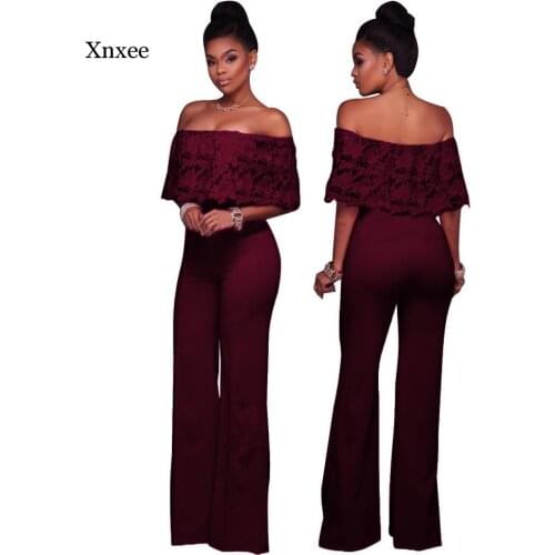Off Shoulder Jumpsuit Spring Summer New Sexy Club Wear Overalls for Women Lace Loose Long Rompers Pants Red Blue Yellow