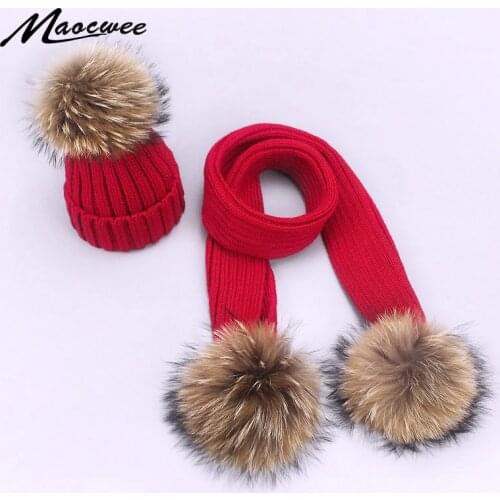 Two-piece Scarf Hat Set New Arrival Children Women Beanies PomPon Knitted Skullies Hats Autumn And Winter Warm Solid Color