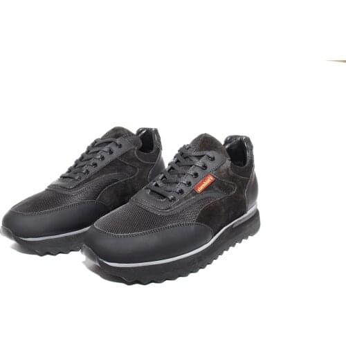 SHENBINS Handmade Runners with Black Matte Leather and Suede, Height Increasing Extra Light Eva Soles, Real Leather Sport Shoes