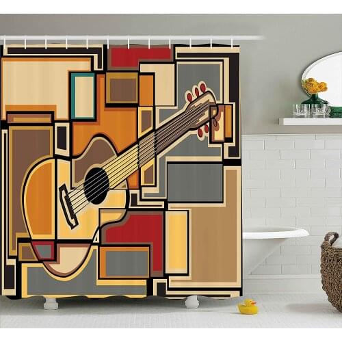 Music Decor Shower Curtain Funky Fractal Geometric Square Shaped with Acoustic Guitar Figure Art Bath Curtain For Bathroom