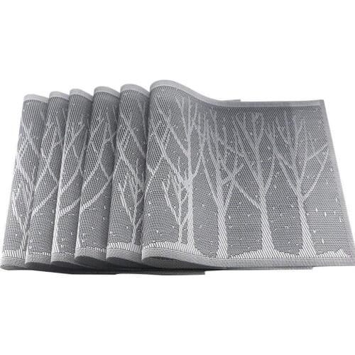 Set of 6 Place Table Mats PVC Non Slip Washable Dining PVC Forest Tree Table Placemat Coasters Waterproof Silver Table Pads Tool