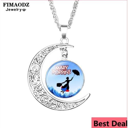 FIMAODZ Mary Poppins Moon Necklace Glass Cabochon Pendant Fashion Statement Necklace for Women Jewelry