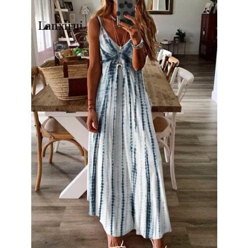 Women Maxi Long Plus Large Size Floor Length Boho Dress for Female 2020 Summer Sleeveless V Neck Print Loose Beach Casual Dress