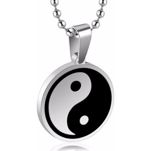 Religious Chinese Yin Yang Unisex Stainless Steel Mens Womens Necklace YinYang Ba Gua Black White Enamel Pendant Jewelry