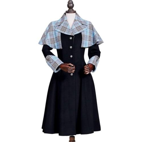 Retro Woolen Shawl Coat Women Winter Skinny Long Blue Plaid Dress Jackets Top Fashion Temperament Female Gothic Suit Outerwear