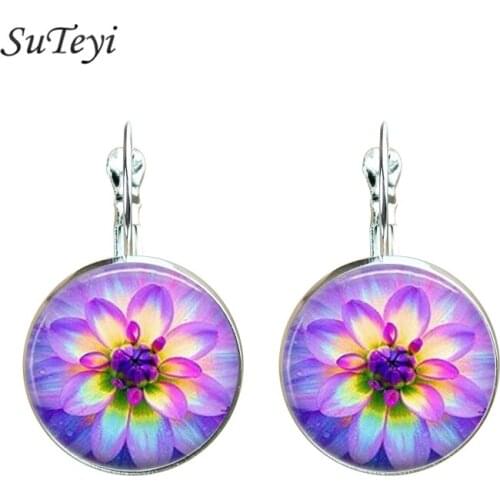 Boho Lotus Flower Hook Earrings Vintage Antique Gold Silver Color Round Glass Pendant Earring Henna Zen Buddhism Drop Earings