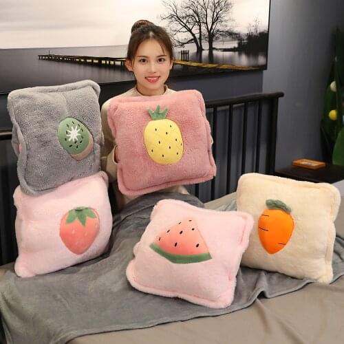 Cute Simulation Fruit Plush Pillow Staffed Carrot Vegetable Plush Toy Soft 3 in 1 Blanket Kawaii Hand Warm for Girl Lover Gift