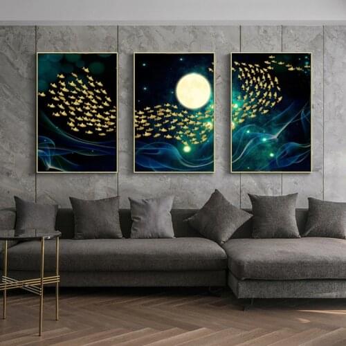 Modern Golden Flying Fish Posters and Prints Wall Art Painting 3Pcs Abstract Landscape Picture for Living Room Decor No Frame
