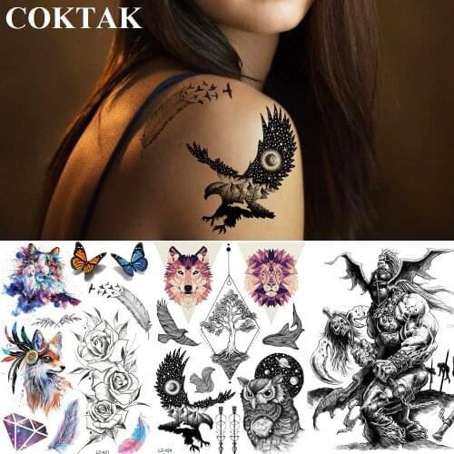 COKTAK Eagle Galaxy Owl Geometric Wolf Lion Temporary Tattoos Sticker Washable Tatoos Moon Mountain Tree Tattoo Body Art Paper
