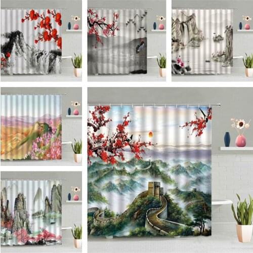 China Great Wall Shower Curtain Ink Painting Architecture Mountain Water Flower Scenic 3D Hanging Curtains Bathroom Screen Decor