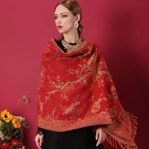 Handmade bead embroidery ethnic style thickened autumn winter warm warm Wool scarf Pashmina shawl women tree flowers and birds
