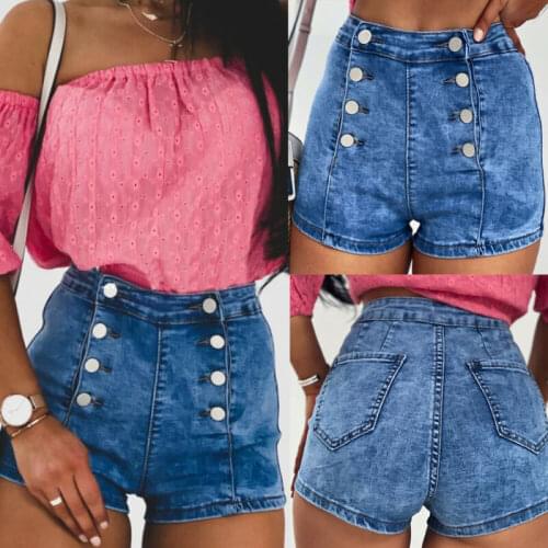 Ladies Button Short Trousers Denim Distressed Jeans High Waist Hot Shorts New