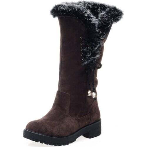 2020 Autumn And Winter Fur Boots Women Snow Warm Shoes Women Boots Thick-Soled Round Toe Waterproof Platform Lace-Up Knee Boots