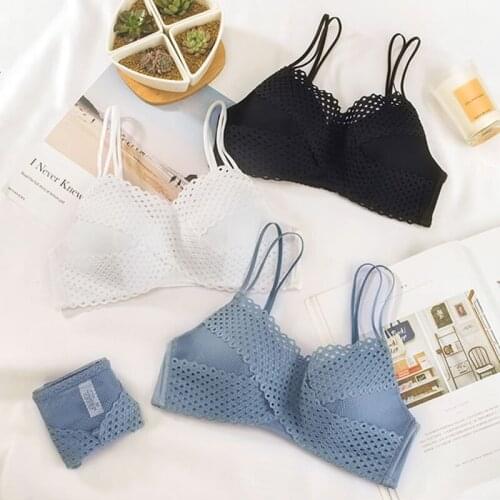 Wasteheart Women Fashion Blue Wireless Bra Sets Lace Jacquard Cotton Panties Backless Sexy Lingerie Set Underwear A B Japanese