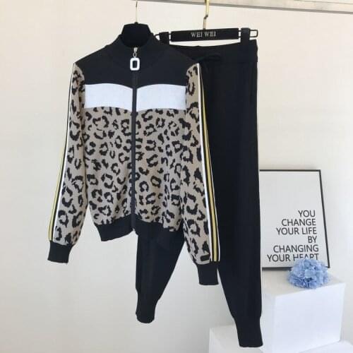Tracksuit Women Leopard Knit Zip Cardigan Tops+Pants Suit 2PCS Sets Long Sleeve Jacket Coat Woman Leisure Sweater Trousers Suits
