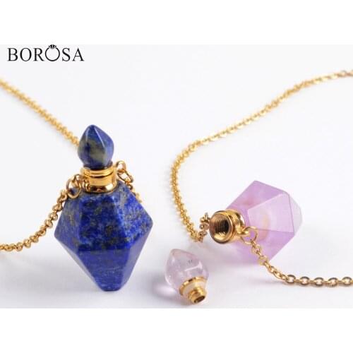 Gold Color Lapis Amethysts Perfume Bottle Pendant Necklace Natural Gems Stones Essential Oil Diffuser Necklace for Women WX1609