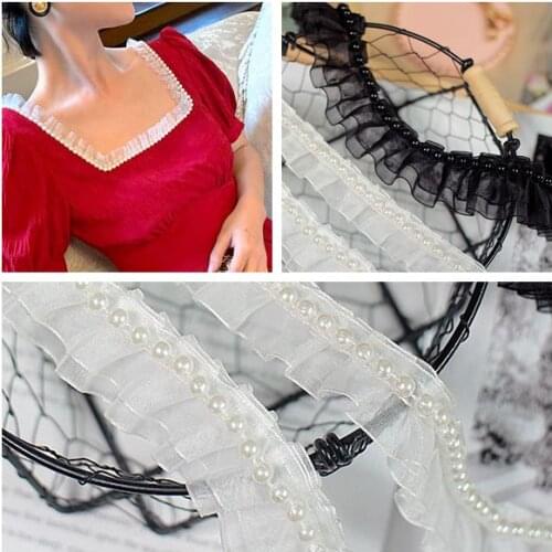 10yard White Black Organza Beads Lace Ribbon Ruffle Trim Applique On Clothes Collar Neckline DIY Sewing Supplies