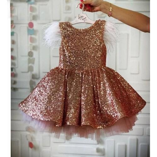 2021 Baby Girls Dress Rose Gold Color Sequin Flying Sleeve Pageant Gown Open Back Bow Bowknot Party Anniversary Kids Clothing