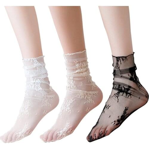 3 Pairs Women Floral Sheer Tulle Socks Vintage Loose Transparent Fishnet Mesh Ankle Socks Ladies Summer Fashion