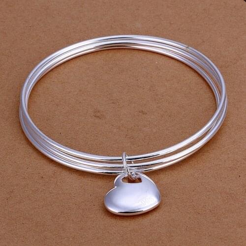 925 Sterling silver bangle favorite Valentines Day gift fashion jewelry wedding round circle hanging heart bracelet lady girl